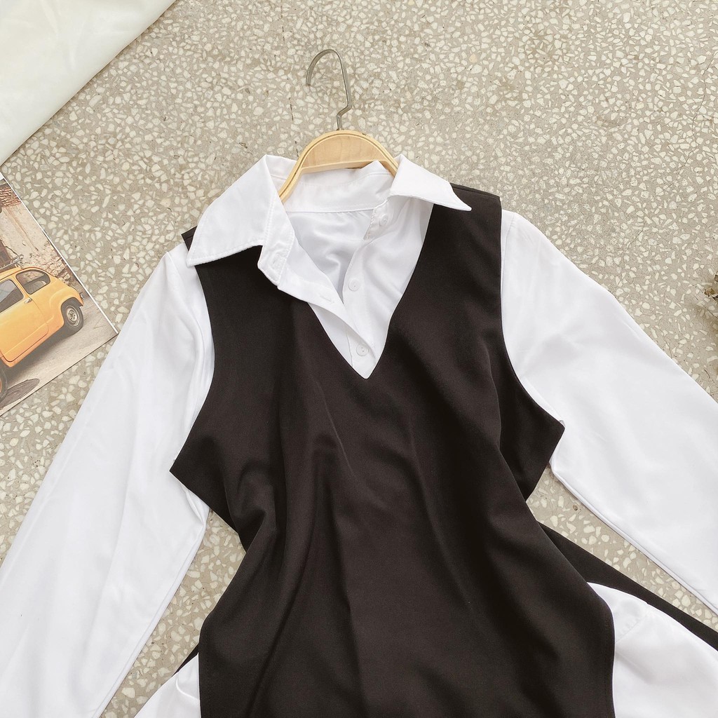 Set đầm sơ mi trắng đuôi cá + gile ngoài | BigBuy360 - bigbuy360.vn