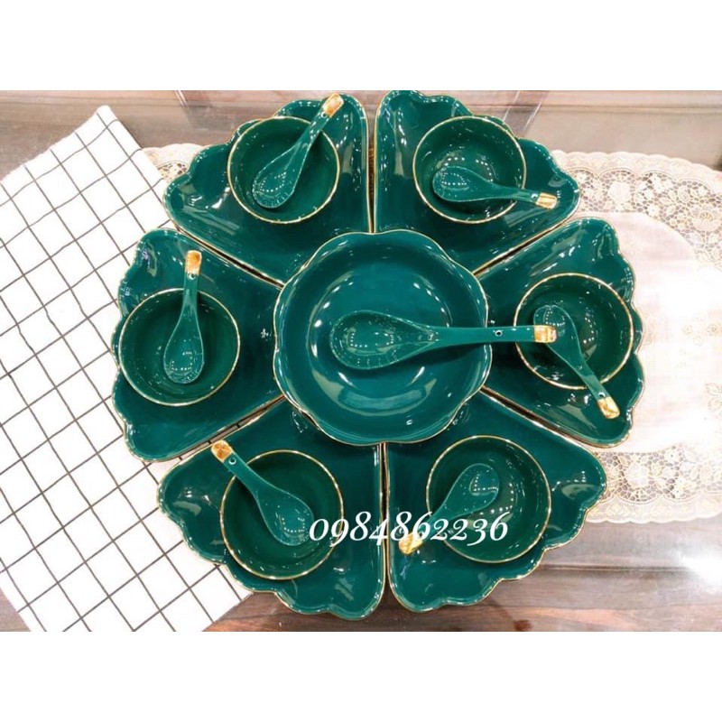 Bộ bát đĩa hoa mặt trời xanh cổ vịt viền vàng cao cấp - Bộ đồ ăn Bát Tràng