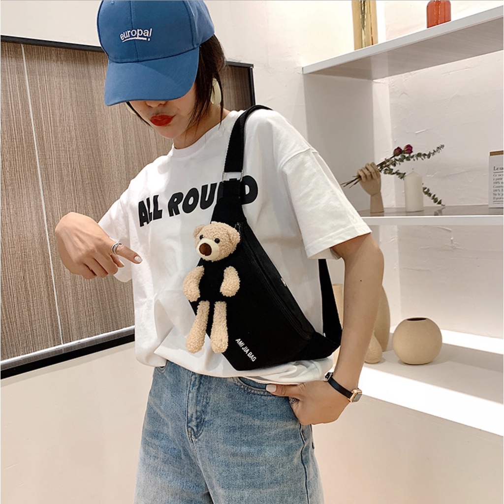 Túi đeo hông, đeo ngực gấu bông 3 màu, vải canvas