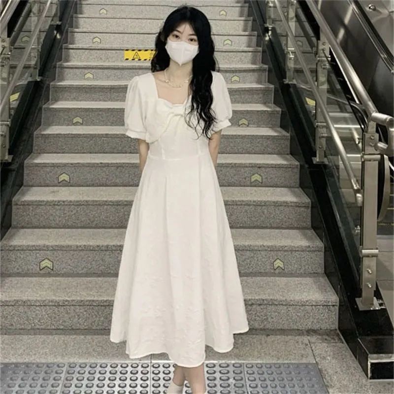 Đầm Trắng Thắt Nơ Eo Phong Cách Hàn Quốc Ngọt Ngào Thời Trang Mùa Hè Hàng Mới Dành Cho