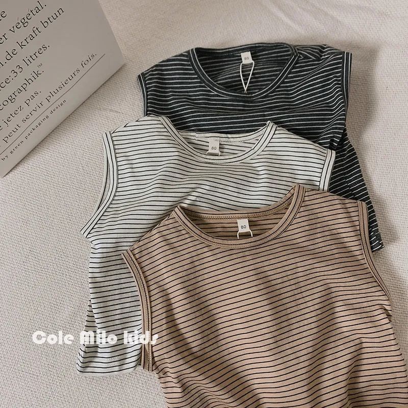 Áo Thun Cotton Không Tay Họa Tiết Kẻ Sọc Phong Cách Phương Tây Cổ Điển Thời Trang Mùa Hè Cho Bé