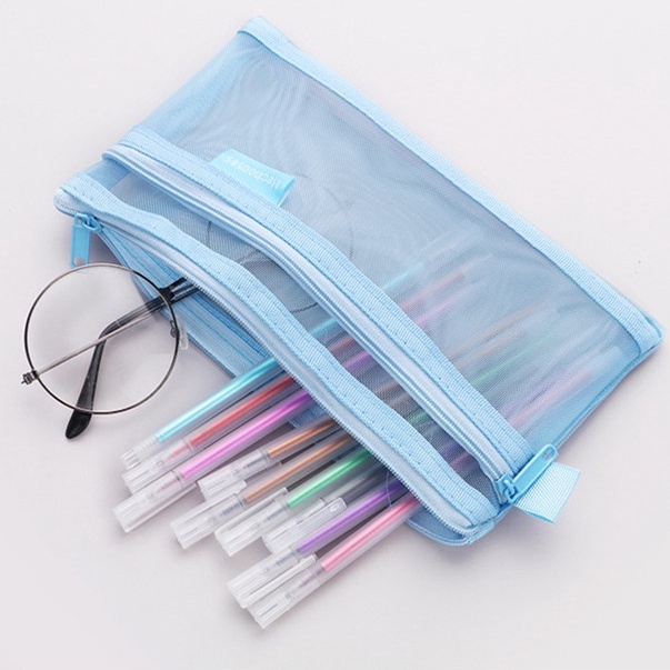Túi lưới trong suốt đựng bút/mỹ phẩm có khóa kéo tiện dụng