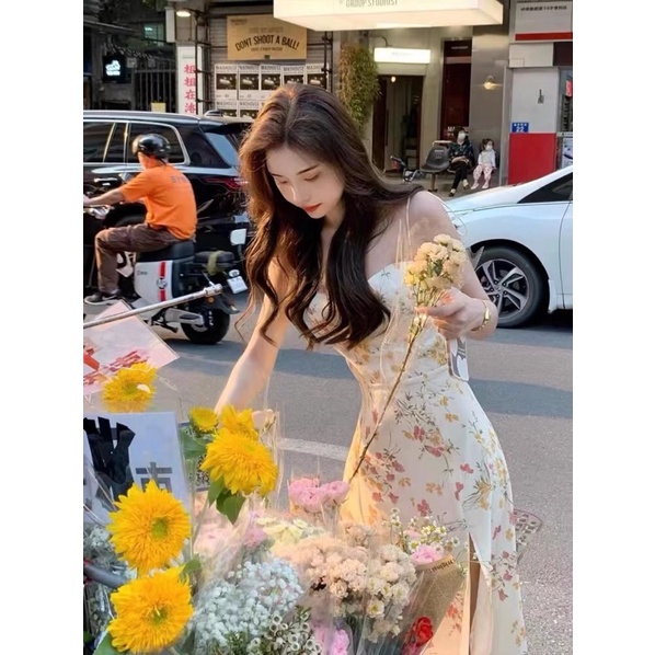 Váy đầm maxi hoa 2 dây xẻ tà hở lưng Rose Blackpink đi biển đi tiệc du lịch