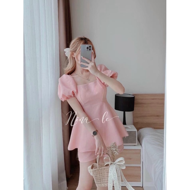 Set babydoll tiểu thư nữ, set quần đùi ngắn, áo kiểu tay phồng cổ vuông, set bộ tiểu thư áo kiểu