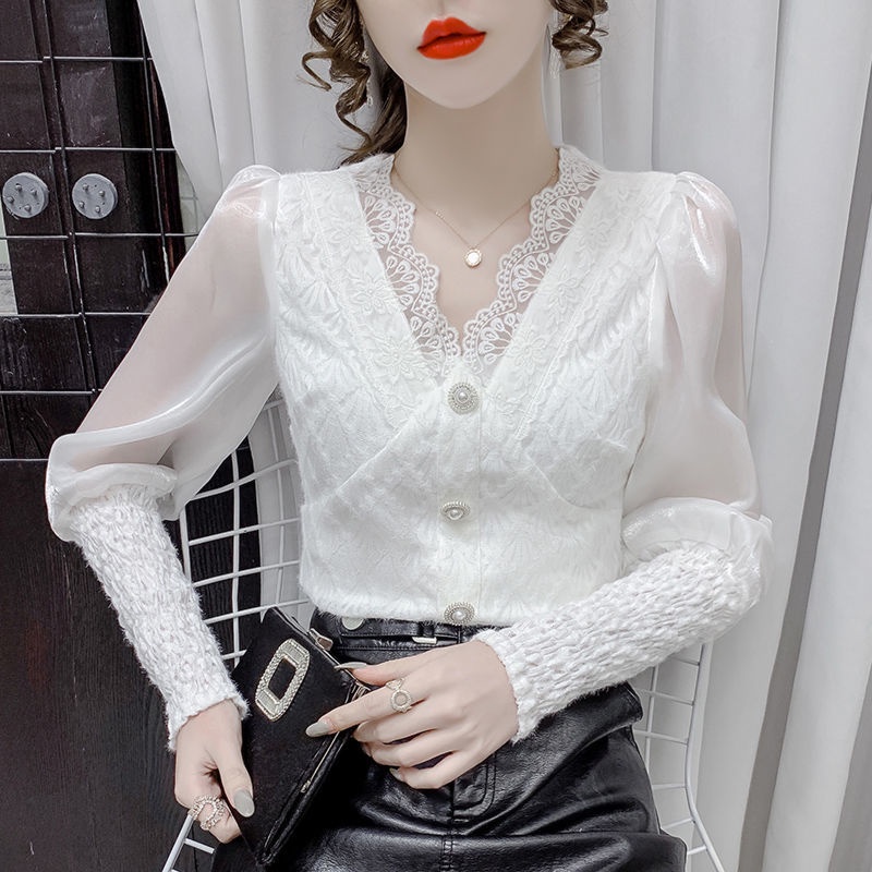 Áo ren cổ chữ V dài tay thời trang mùa thu mới dành cho nữ 2021