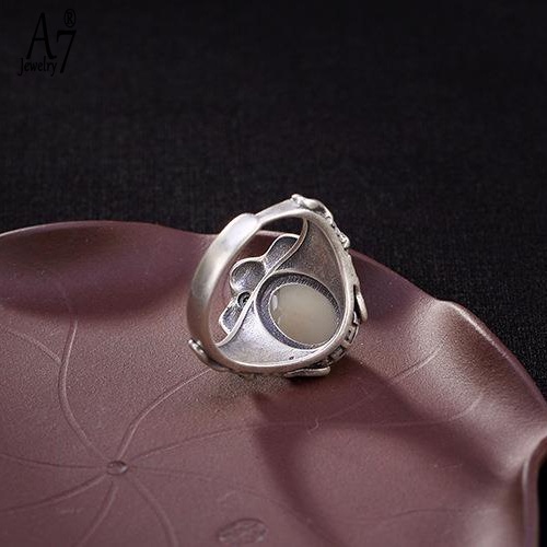 Nhẫn Bạc S925 Mặt Hình Lá Sen Đính Đá Ngọc Bích Trắng Thời Trang Cho Nữ A7 S925