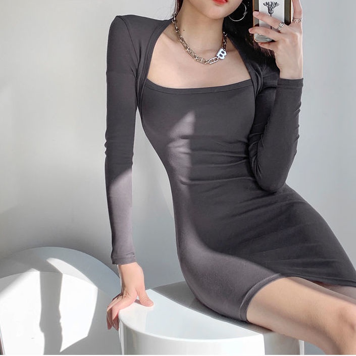 COZOKC COZOK Đầm tay dài cổ vuông màu sắc thanh lịch