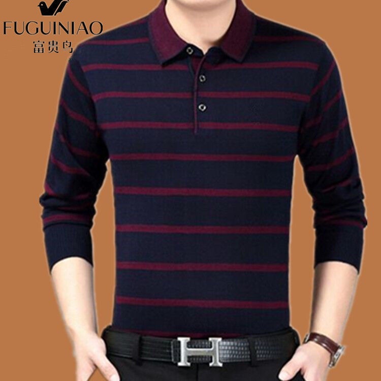 ♛̅Fuguiniao Áo thun cotton dài tay cổ bẻ màu trơn cỡ lớn thời trang xuân thu cho nam trung niên