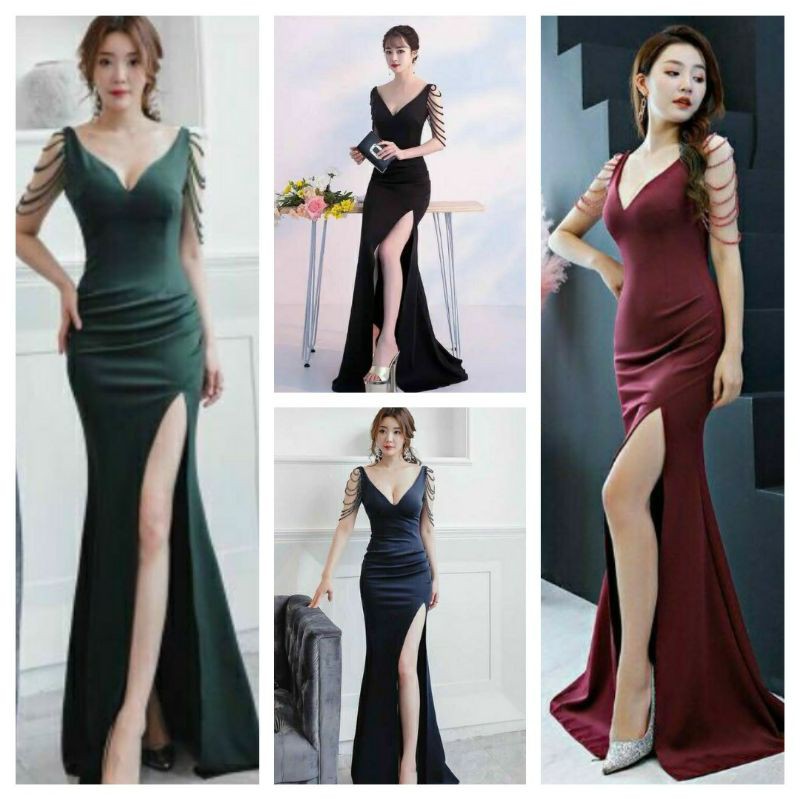 Đầm dạ hội xẻ tà tay đính hạt kiêu sa có size 2XL  tặng hoa tai thời trang xinh xắn
