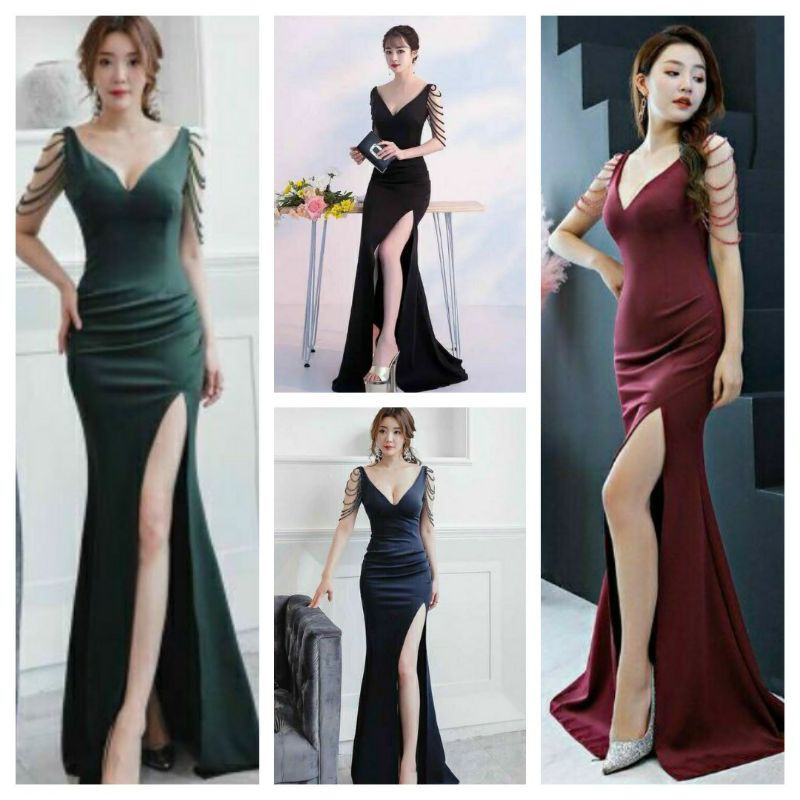 Đầm dạ hội xẻ tà đính hạt kiêu sa có size 2XL tặng hoa tai thời trang xinh xắn