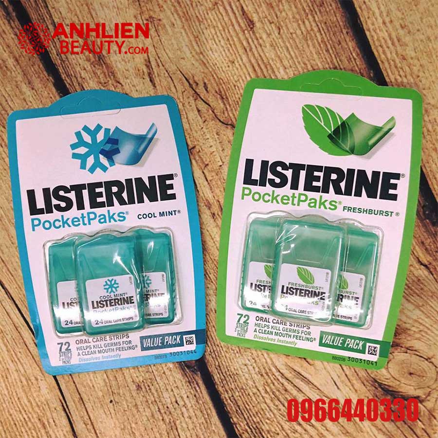 LISTERINE Pocket Paks Miếng ngậm Thơm Miệng, Diệt Khuẩn vị Bạc Hà Vỉ 3 Hộp
