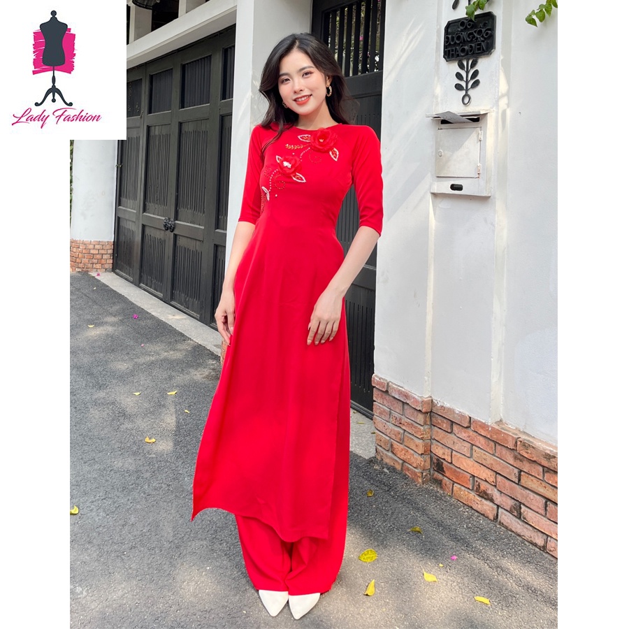 Áo dài kết đá pha lê gắn hoa-AD08