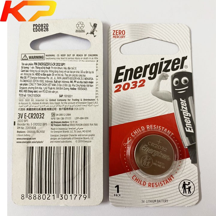 Pin CR2032 Energizer Lithium 3V - vỉ 1 viên.