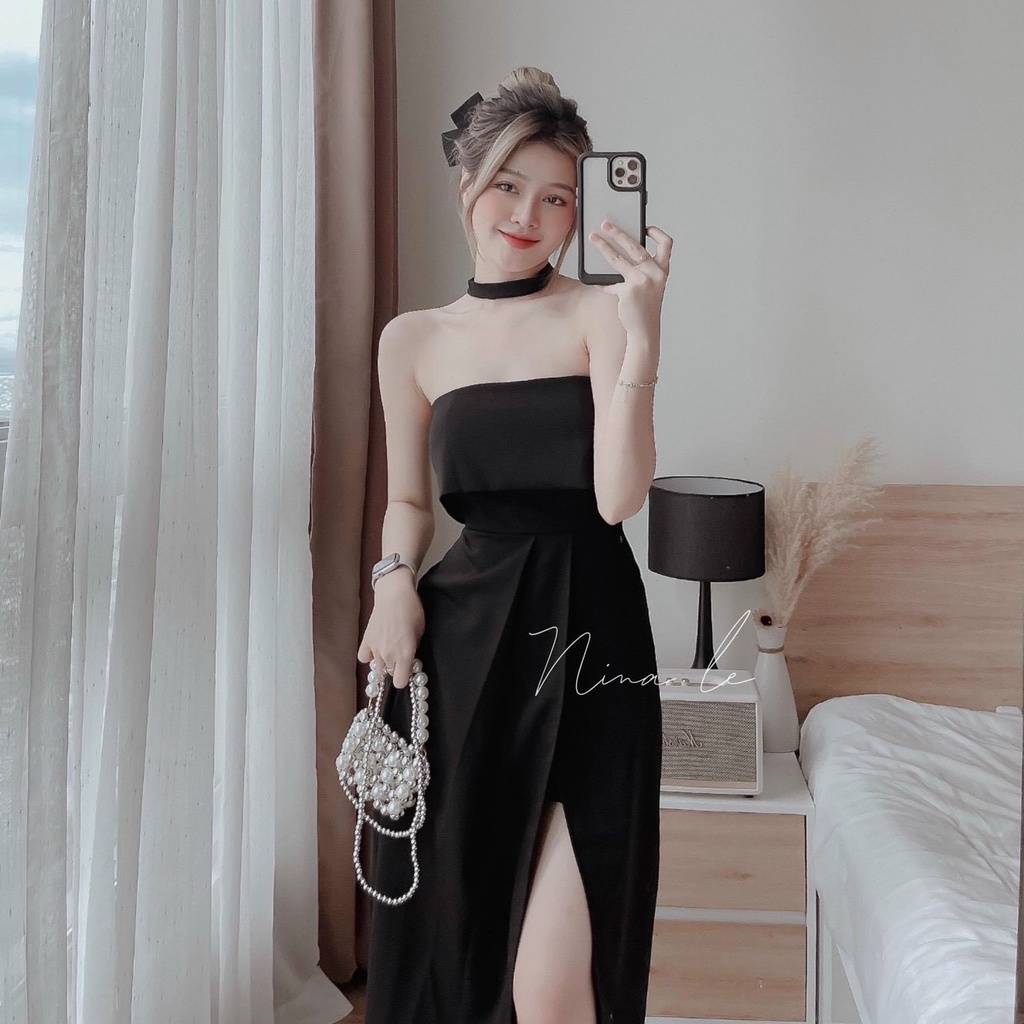 Đầm nữ thời trang mặc đi chơi chất cotton lạnh trễ vai phối ngực có mút váy xoè xếp ly xẻ trước có lót quần xinh xắn