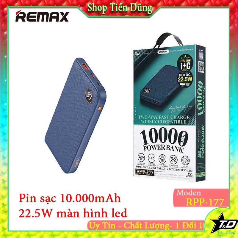 Pin sạc dự phòng Remax RPP-177 10000mAh sạc nhanh QC3.0 max 22.5W, Type-C PD 20W - Hãng phân phối chính thức