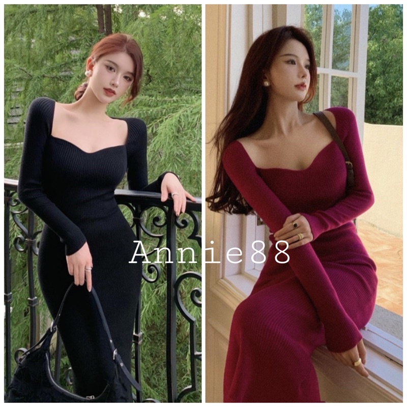Váy body len dài tay cổ tim form chuẩn hàng Quảng Châu loại 1
