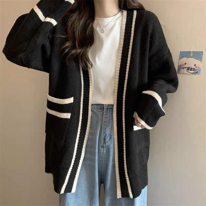 Áo Khoác Cardigan Len Gân Viền Form Rộng Nam Nữ Unisex Phong Cách Ulzzang - Áo Khoác Ngoài cdg Vintage Chất Đẹp