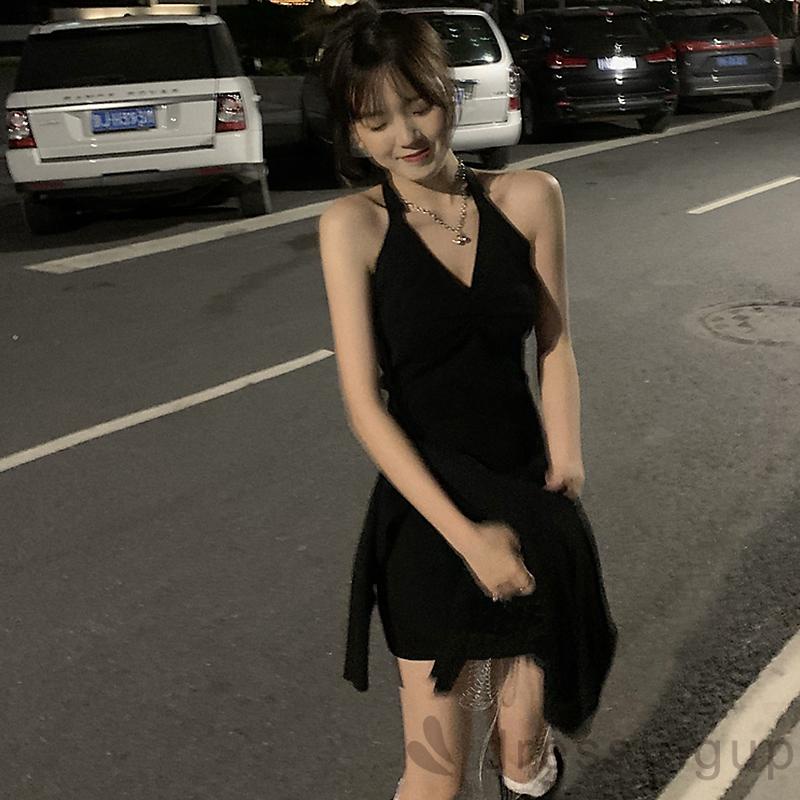 Đầm Hai Dây Cổ Chữ V Màu Trơn Thắt Nơ Lưng Cho Nữ