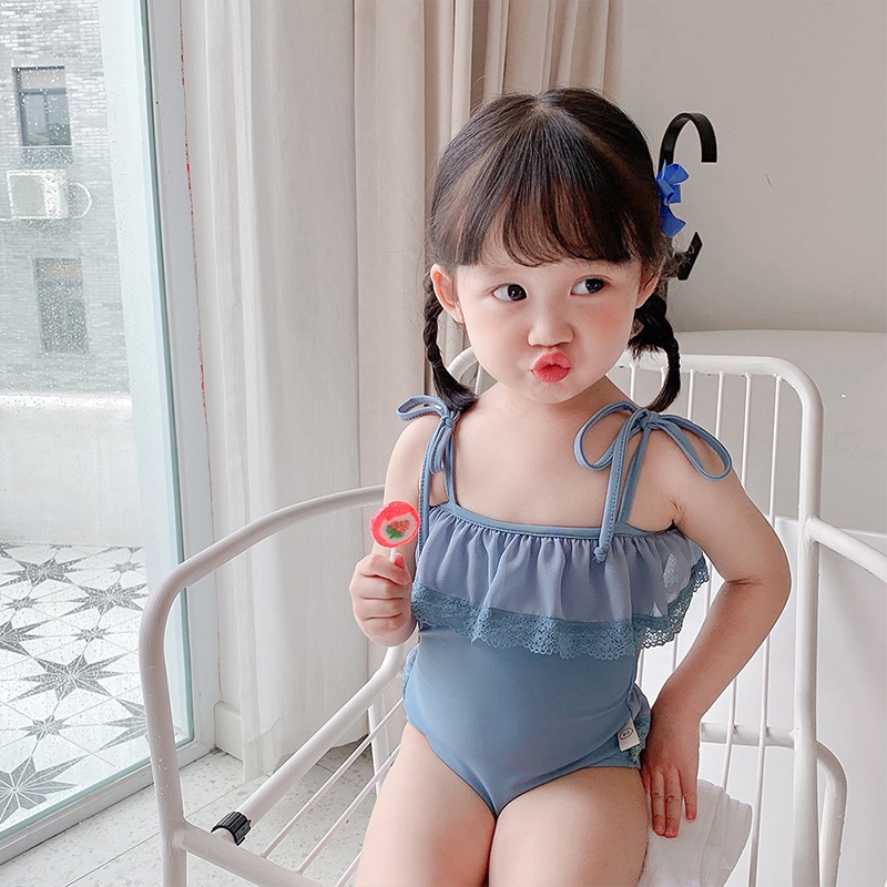 Bộ Đồ Bơi Một Mảnh Hai Dây Màu Trơn Dễ Thương Dành Cho Bé Gái