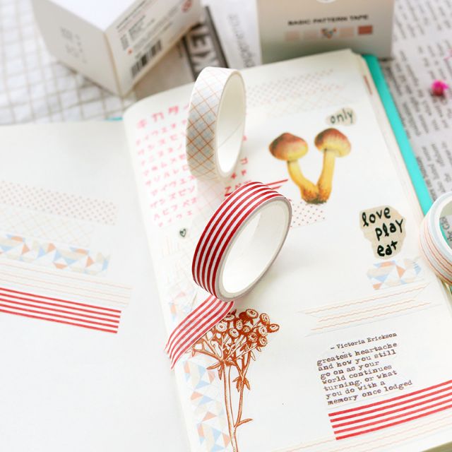 Hộp 5 cuộn washi tape băng dính trang trí họa tiết kẻ trang trí sổ