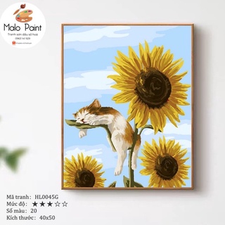 Tranh sơn dầu số hoá tự tô màu Hoa Hướng Dương và Mèo