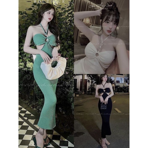 Đầm Cổ Yếm Dây Xích Nơ Ngực Khoen Có Mút Ngực - Khoét Hở Hai Bên Eo - Dáng Dài Maxi Form Ôm Body Sexy Sang Chảnh