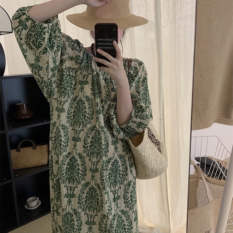 Đầm Suông Hoạ Tiết Tay Phồng Váy Suông Dáng Dài Thời Trang Thanh Lịch
