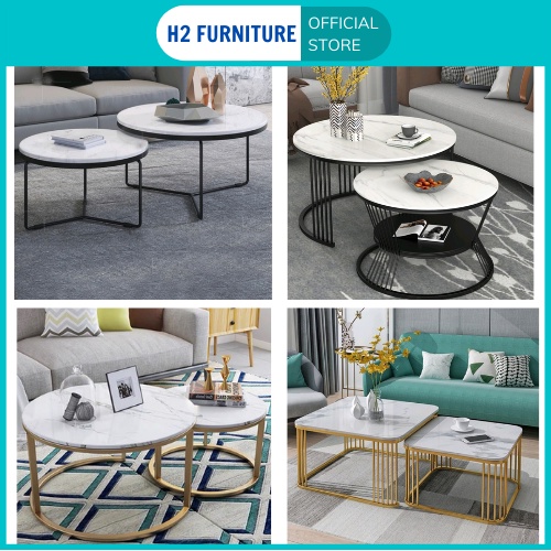 Bàn trà đôi sofa H2 Furniture mặt đá vân mây 3D khung kim loại sơn tĩnh điện bền đẹp cho phòng khách, ban công