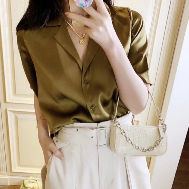Sơ mi phom ngắn cổ vest sơ mi tay ngắn crop top