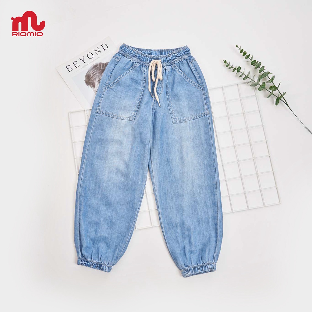 Quần jean cho bé trai 5-12 tuổi size 20-50kg RIOMIO ống rộng cạp chun bo gấu cotton jean sợi coolmax kèm quà tặng- RM259