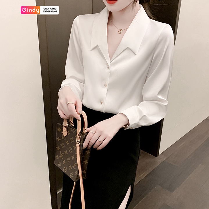 Áo sơ mi nữ lụa tay dài trắng hàn quốc cổ cách điệu GINDY sơmi trơn thời trang công sở, sinh viên, học sinh A10117