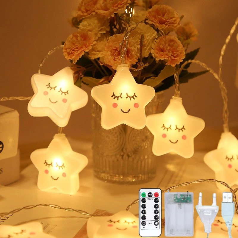 Dây đèn LED hình ngôi sao mặt cười dễ thương dài 1.5m 3m