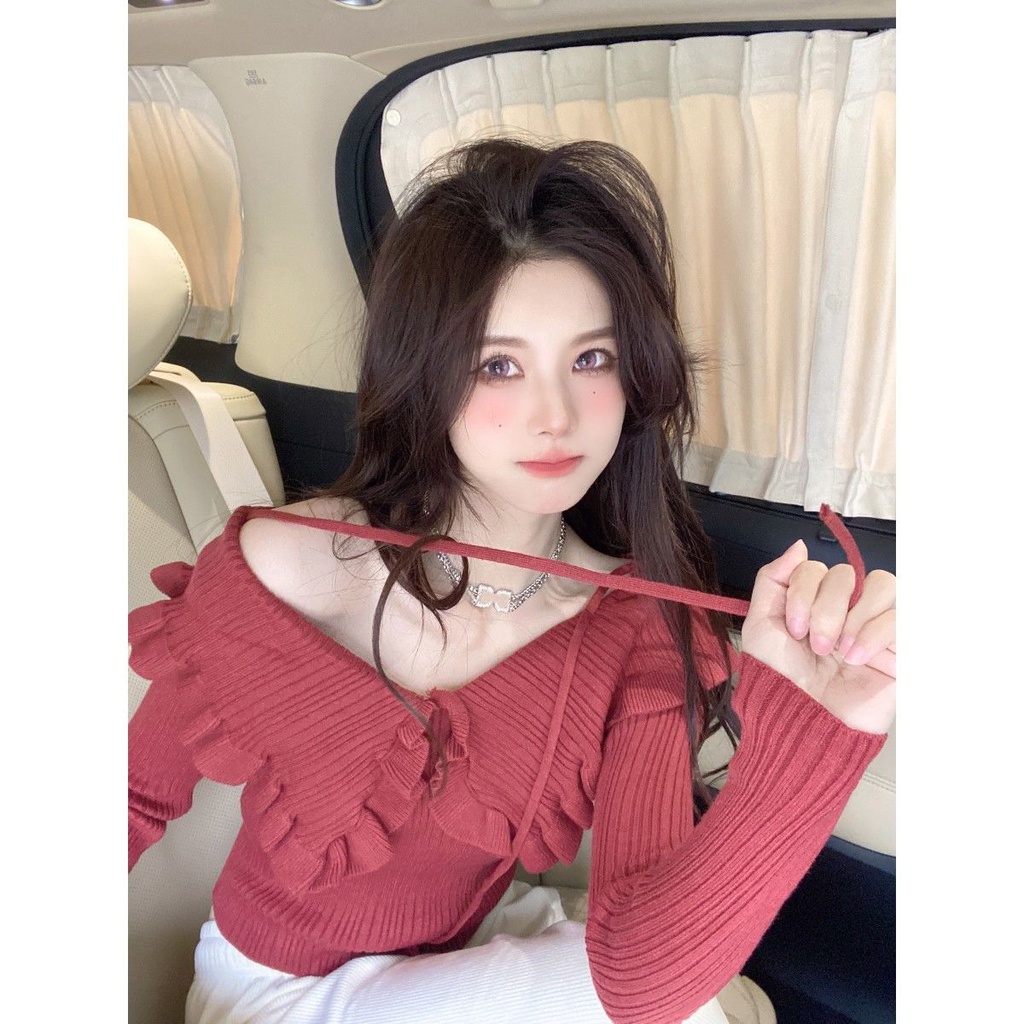 Wooden ear pure sweet doll collar knitted bottoming shirt women's spring 2022 new sweater jacket