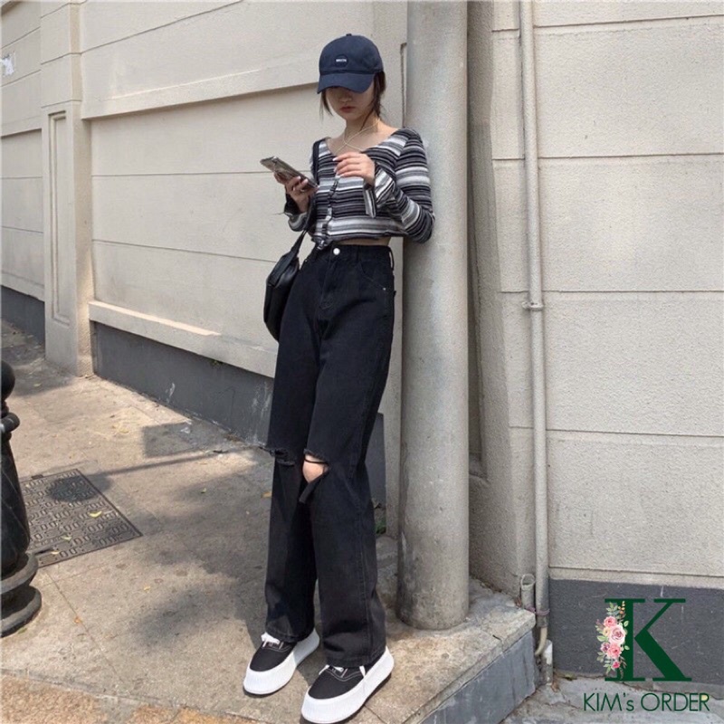 [HOT] [60-90KG] Quần jean suông nữ Bigsize, màu đen, quần bò ống rộng phong cách ulzzang Hàn Quốc