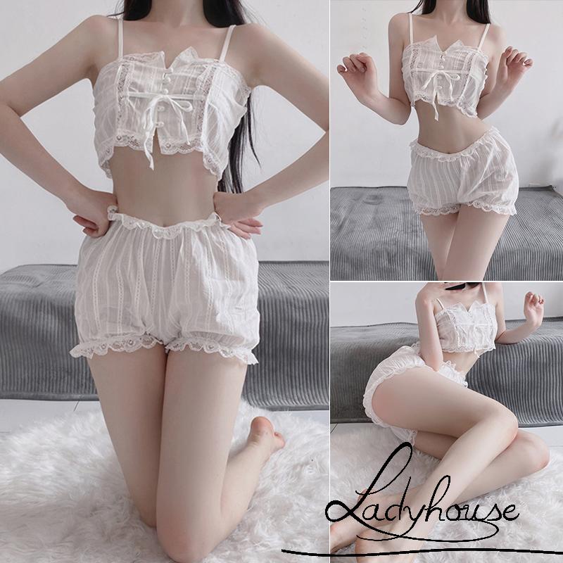 Bộ Đồ Lót 2 Mảnh Gồm Áo Hai Dây Cài Nút + Quần Sooc Lưng Thun Thời Trang Cho Nữ