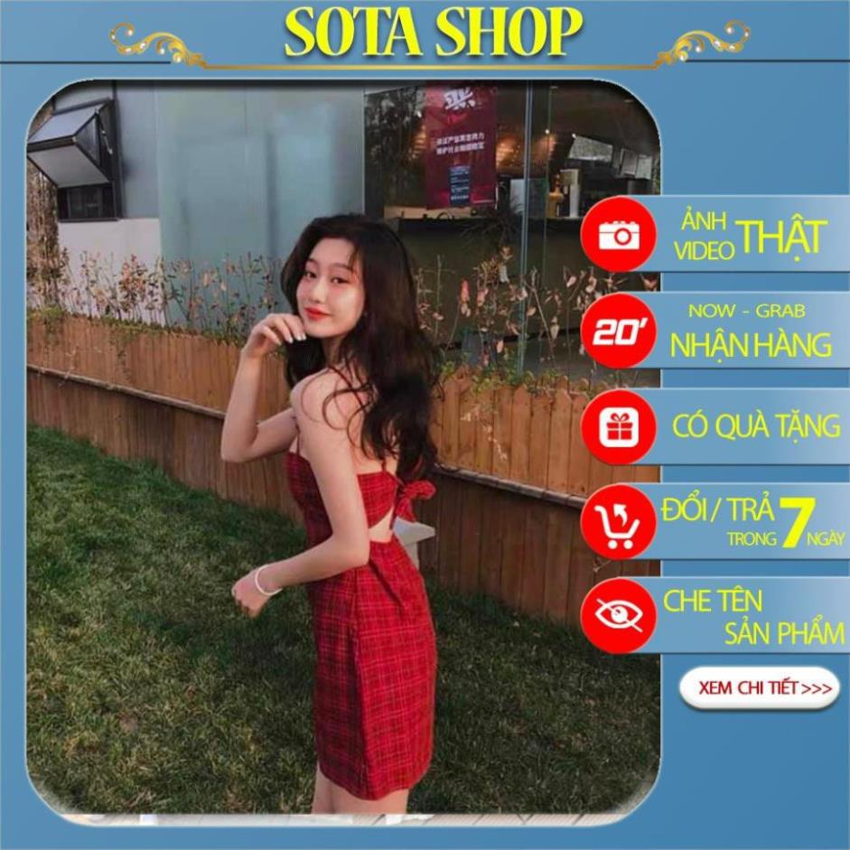 Váy 2 dây kẻ đỏ thắt nơ sau (ảnh chụp thật cuối bài) ! * .
