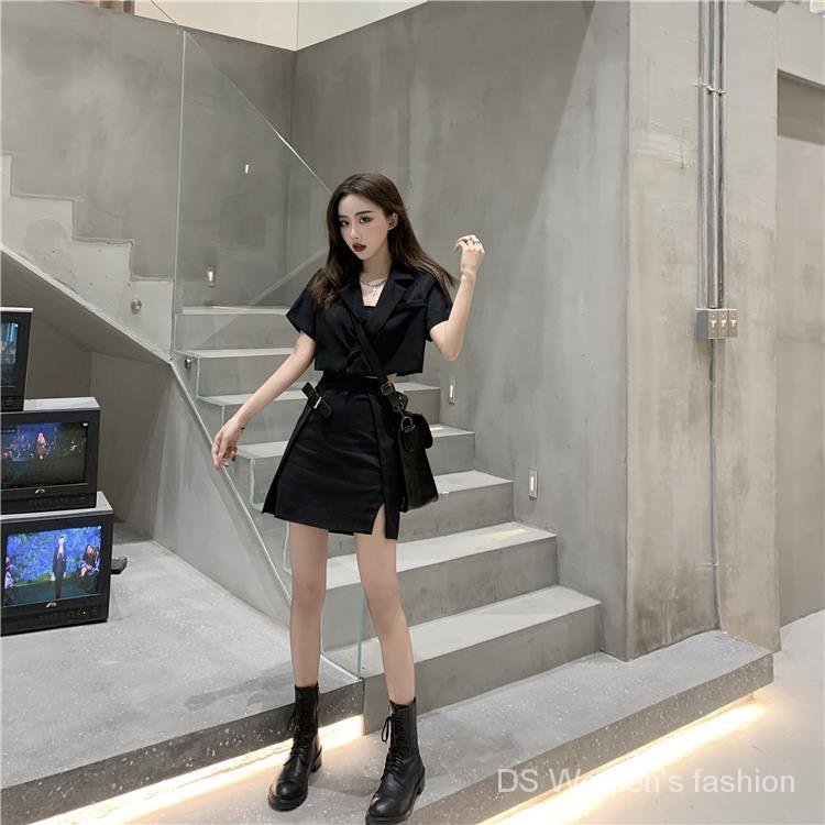 New Arrivals2021Summer  Black Suit Jacket+Dress  Korean-Style Short  Slit Skirt Suit