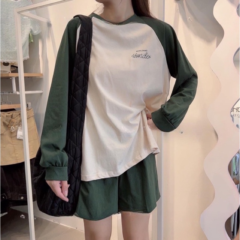 Bộ Thun Tay Dài Chữ Pha Tay Unisex  Set áo Form Rộng Tay Dài Kèm Quần Short Đùi  Kiểu Hàn Quốc Sẵn Ảnh Thật