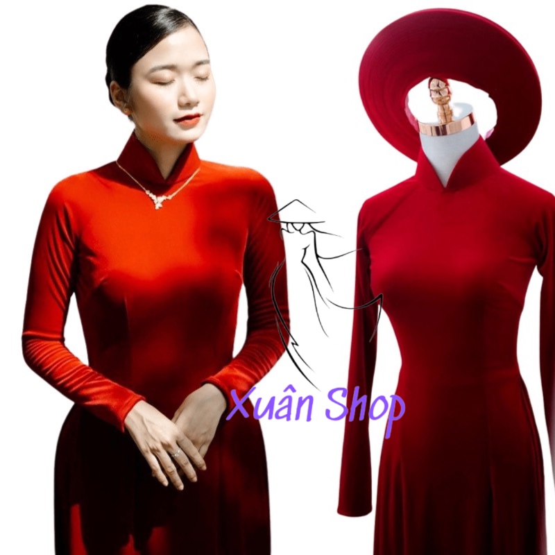 Áo dài nhung cưới cô dâu đỏ tươi cổ cao truyền thống may sẵn