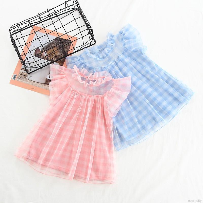 Đầm bé gái tay ngắn phối lưới phong cách Hàn Quốc