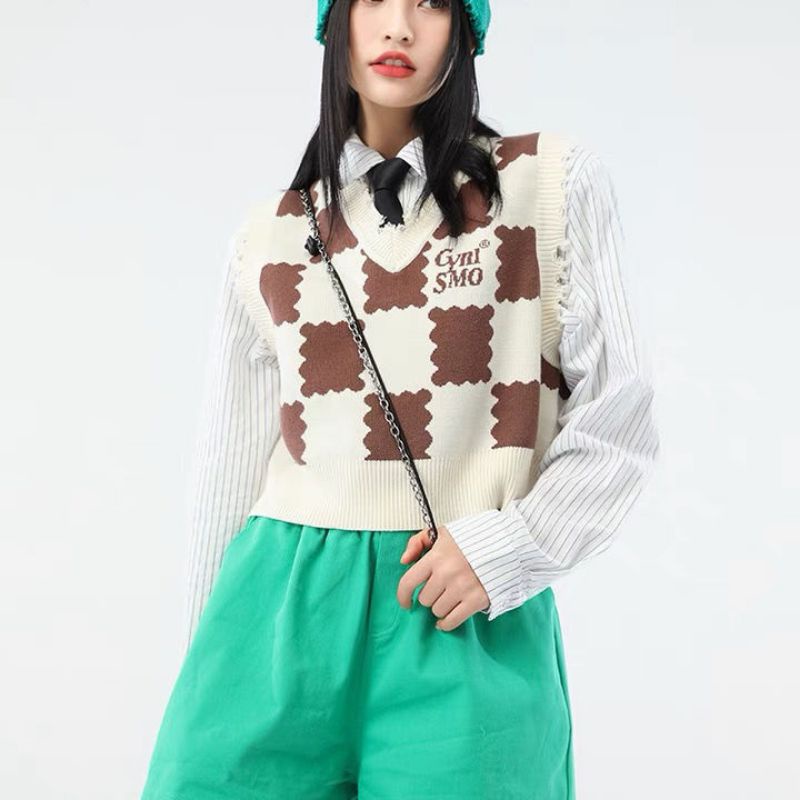 Áo len gile cổ V dáng ngắn croptop họa tiết caro bánh biscuit màu choco sữa có size kiểu Hàn