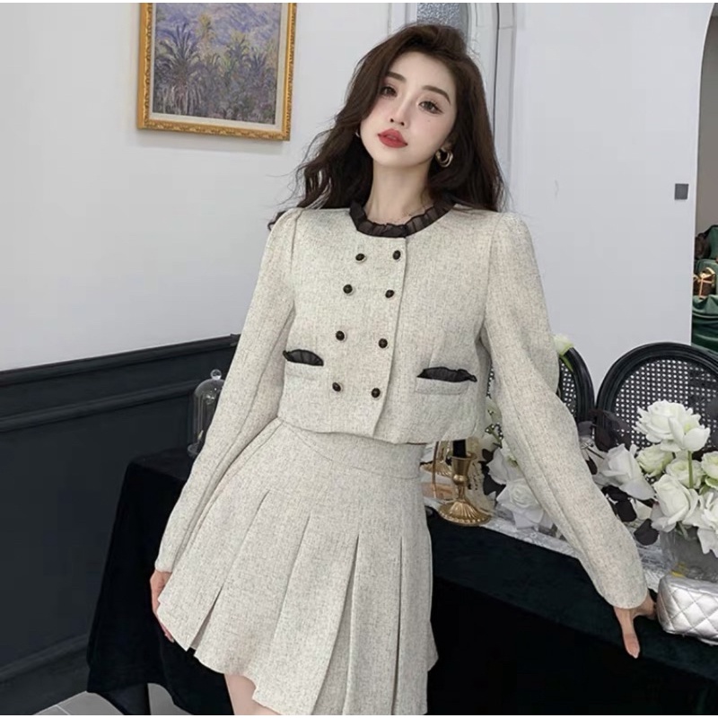 Set Dạ Tweed Áo Khoác Lửng Kèm Chân Váy Xoè Siêu Xinh Phong Cách Hàn Quốc_ Hàng Order QCCC