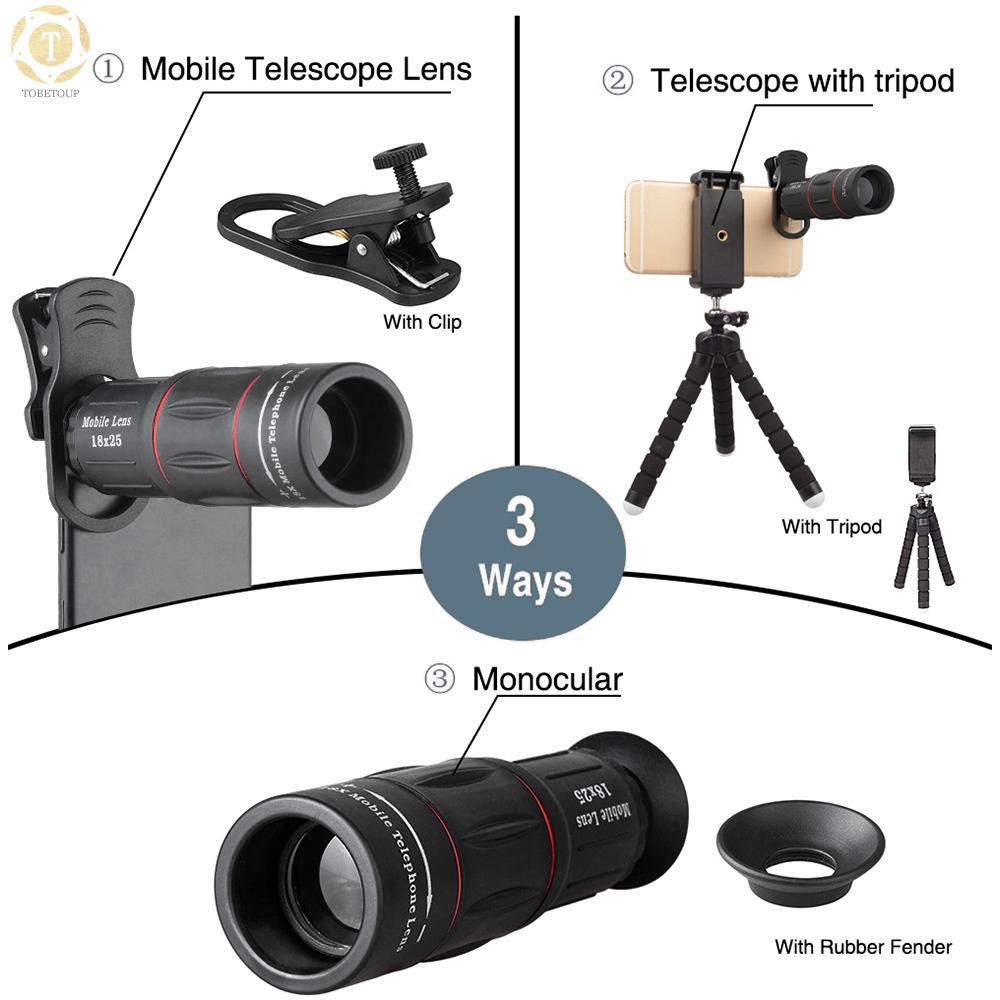 Shipped within 12 hours】 APEXEL APL-T18XBZJ5 Telephoto 4 in 1 Cellphone Lens Universal Kit 18X Mobile Phone Telephoto Lens 198° Fisheye Lens 0.63X Wide Angle 15X Macro Lens with Remote Shutter Mini Tripod Phone Holder for iPhone Samsung Huawei Xiaom [TO]