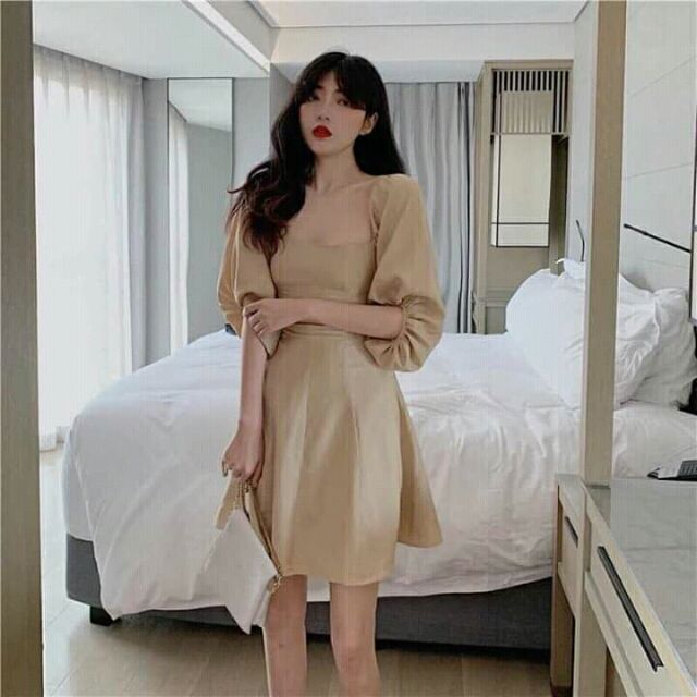 Váy tiểu thư màu nude chữ A tay phồng