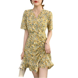 Đầm hoa nhí đuôi cá rút dây màu vàng chất liệu lụa cao cấp thấm hút