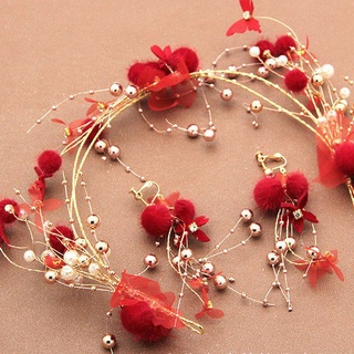 Set kẹp tóc kèm hoa tai và cài tóc kèm hoa tai, phụ kiện cưới cô dâu màu đỏ