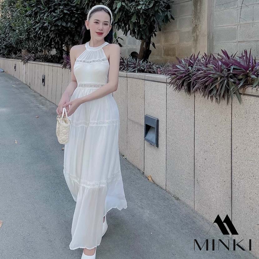 ĐẦM MAXI CỔ YẾM VOAN TƠ - CHẤT LIỆU CAO CẤP - MÀU TRẮNG BÁNH BÈO