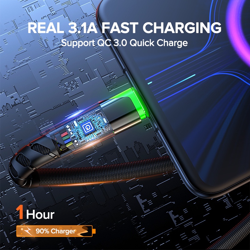 Cáp sạc nhanh QOOVI 3.1A Micro USB 3.0 thiết kế dây bện nylon có đèn LED cho OPPO VIVO