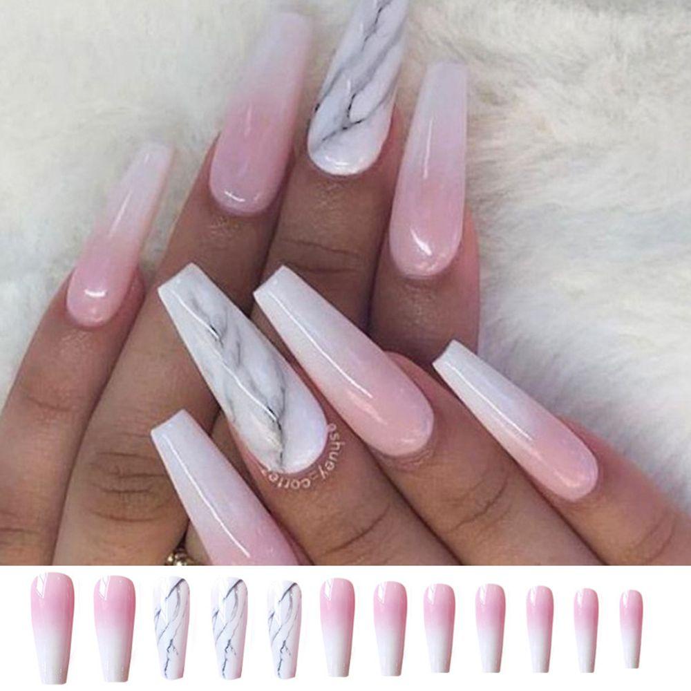 EUCA Bộ 24 Móng Tay Giả Họa Tiết Cẩm Thạch Hồng