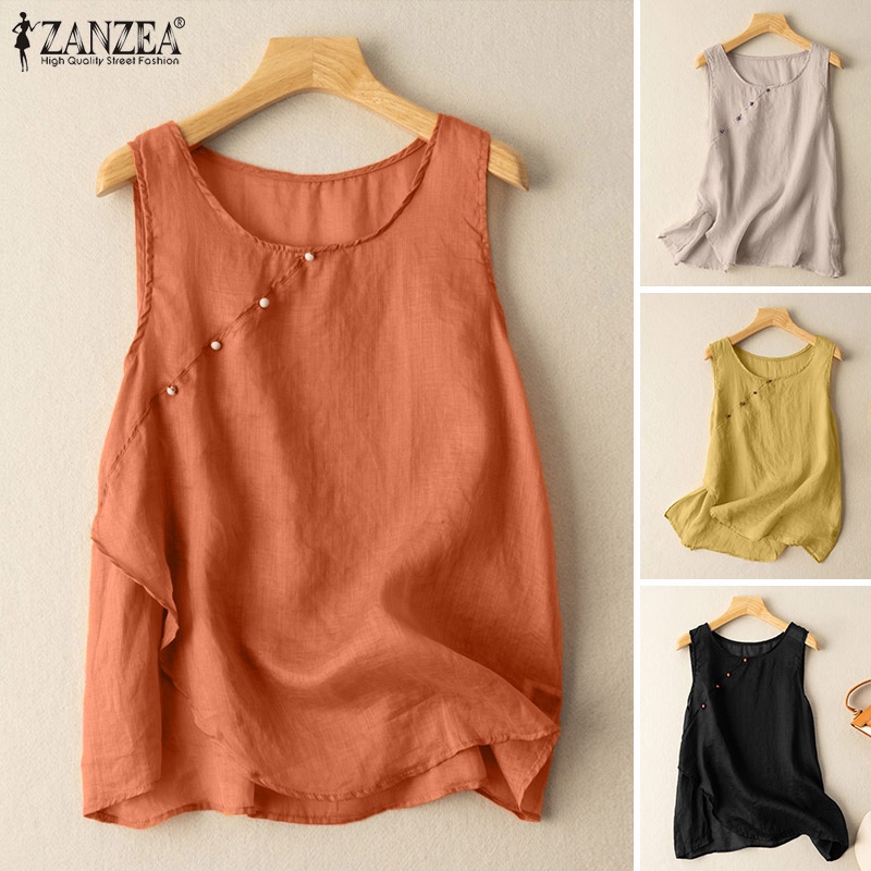 Zanzea Áo Kiểu Nữ Cộc Tay Cổ Tròn Màu Trơn Phong Cách Vintage